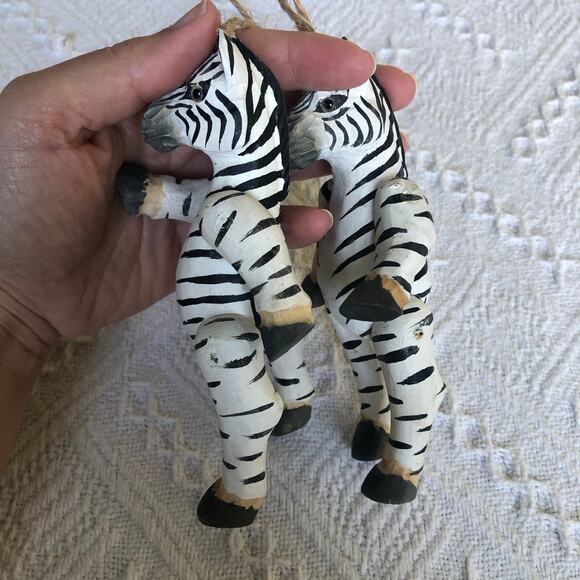 Vintage Wooden Zebra Ornaments Set Of 2 Jointed Hand-Painted 5.75" Folk Art 90s - Picture 8 of 11